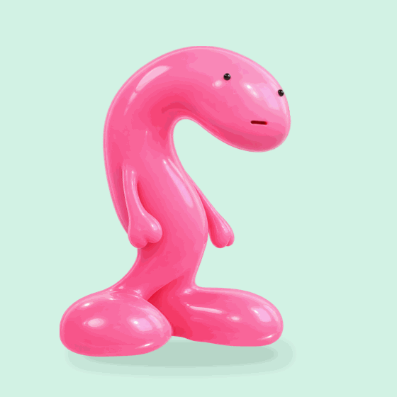Slong, a pink jelly character, walking with a floppy head